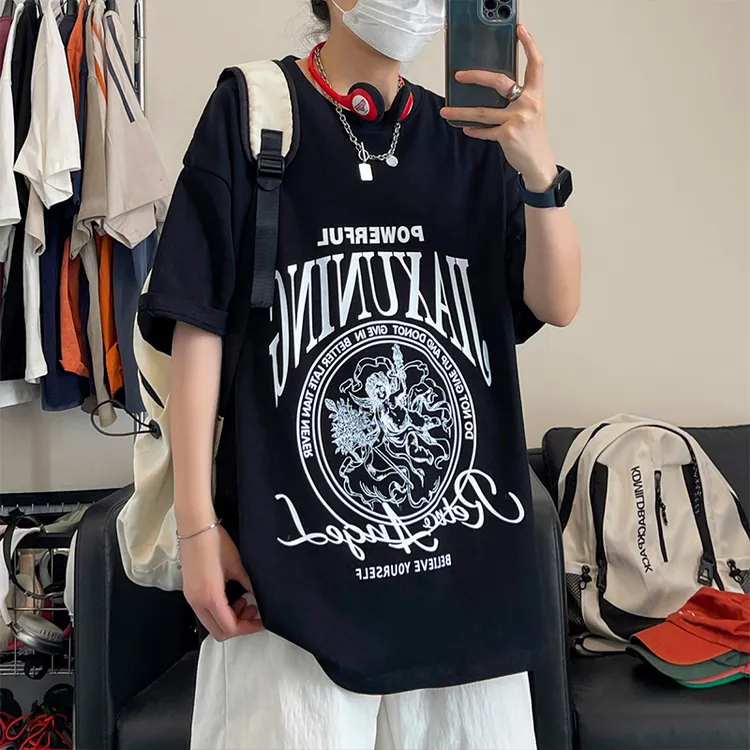 夏季男士美式纯棉宽松短袖T恤上衣高街复古五分半袖潮流百搭港风