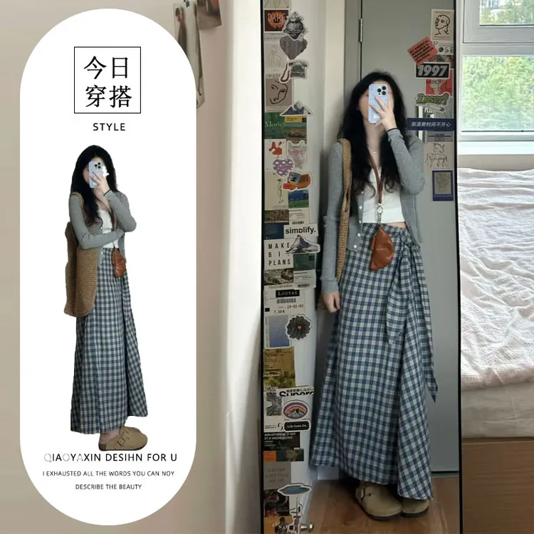 秋装2025新款气显瘦质漂亮独特格纹半身连衣裙子长裙女春季套装裙