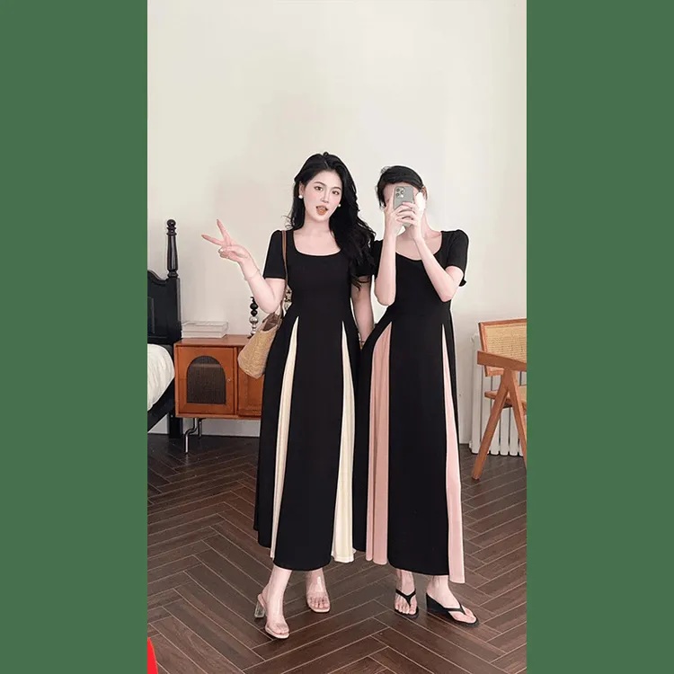 8916#（布料）撞色拼接裙摆方领连衣裙女夏气质显瘦遮肉长裙