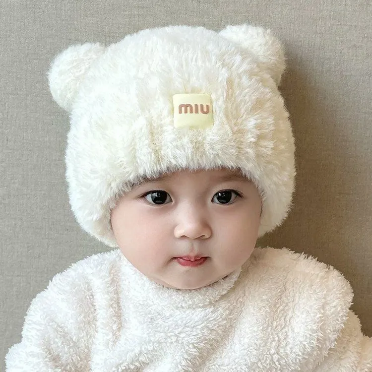 宝宝帽子冬季可爱小月龄男女孩毛绒帽秋冬款婴儿毛线帽加厚针织