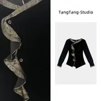 【TangTang·Studio】黑金荷叶边丝绒百搭时尚显瘦女装上衣-2510211