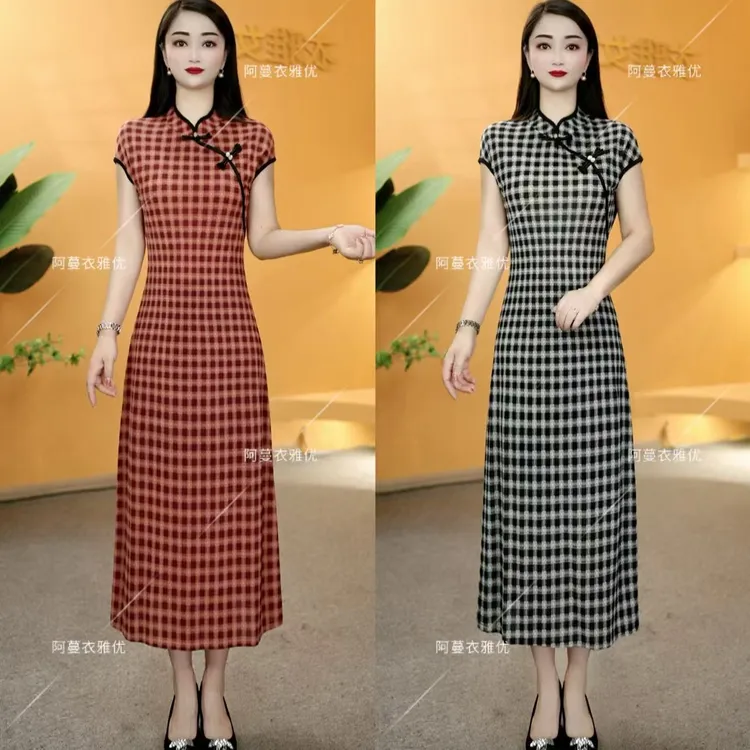 【衣雅严选】8082-2206#新款新中式斜门襟冰感丝格子旗袍连衣裙
