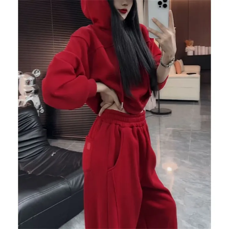 时尚简约休闲套装女2025秋冬新款纯色长袖连帽卫衣弯刀裤两件套潮