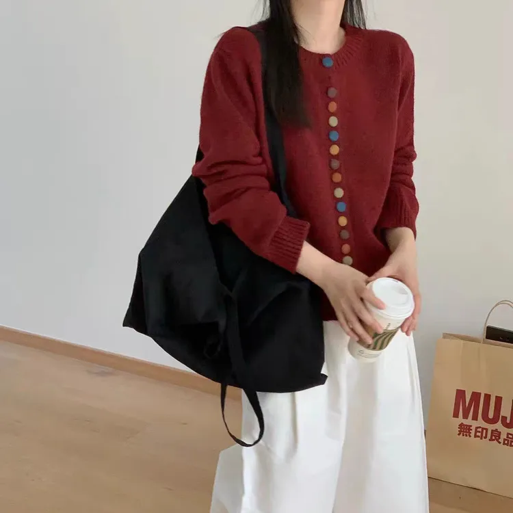 秋冬彩扣针织衫开衫外套女春秋2025新款宽松毛衣灰色春装女装上衣