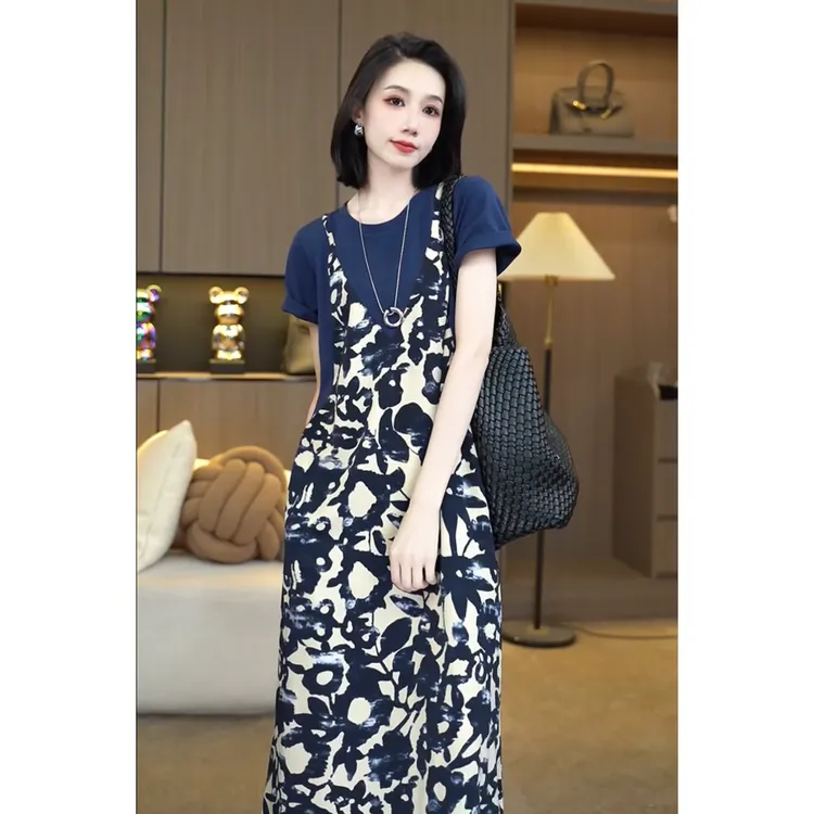 欧颍昇夏季老钱风松弛感女装慵懒风洋气衣服女假两件连衣裙子7287