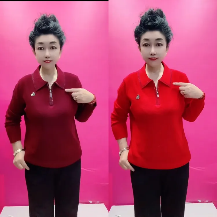 翻领半拉链焦衫妈妈衫
