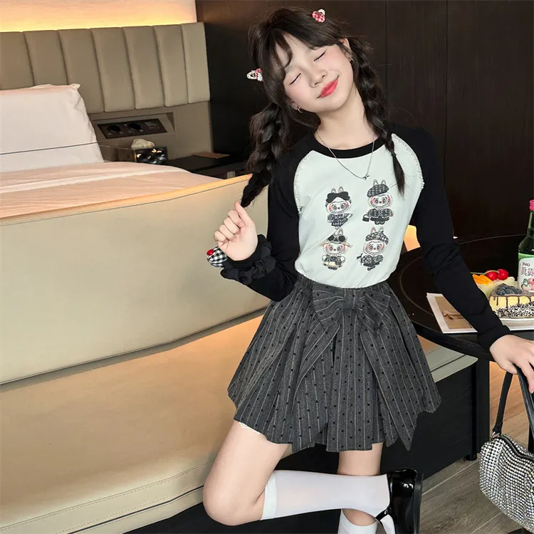 女童春秋款百褶裙套装2025新款JK女童半身裙拉布布长袖T恤两件套