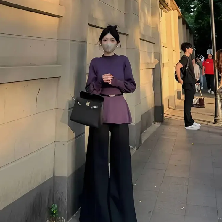 【配腰带】秋冬法式灯笼袖半高领针织衫女独特显瘦气质上衣5813#0.1