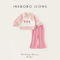 INSbobo儿童套装花边领印花假两件上衣纯色休闲喇叭裤CT25186