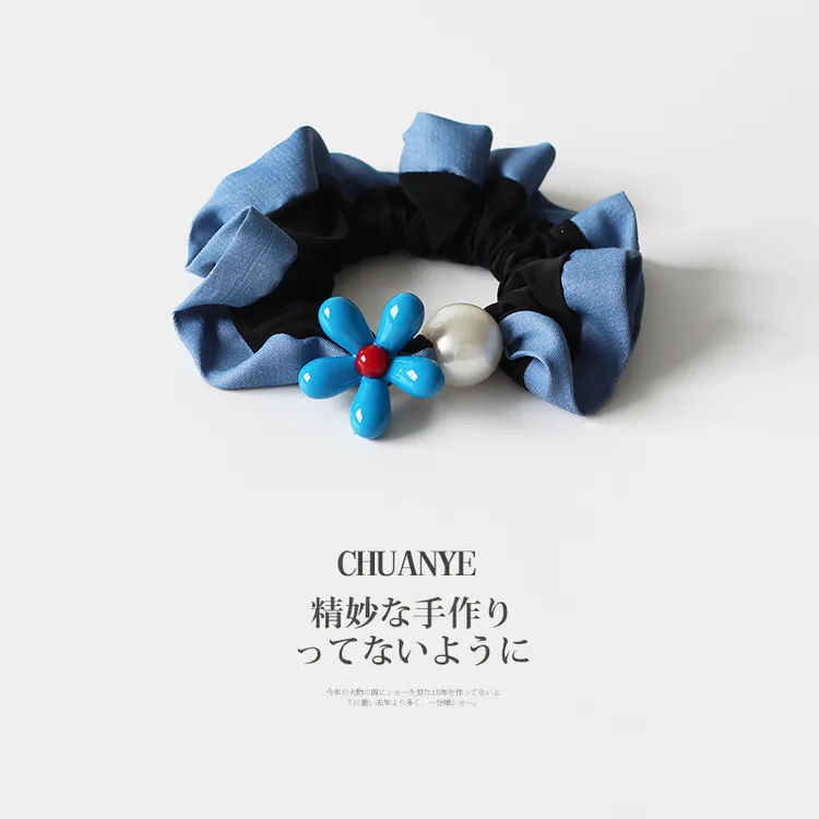 法式蓝色小花蓝边小肠发圈女新款可爱百搭扎低马尾的头花新款发饰