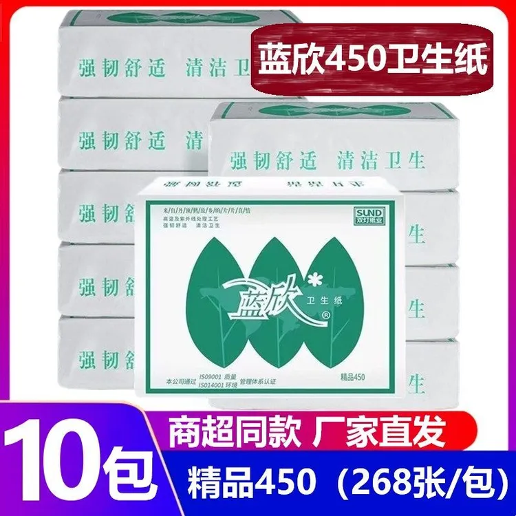 双灯卫生纸10包蓝欣精品450平板纸强韧草纸厕纸方块纸家庭实惠装