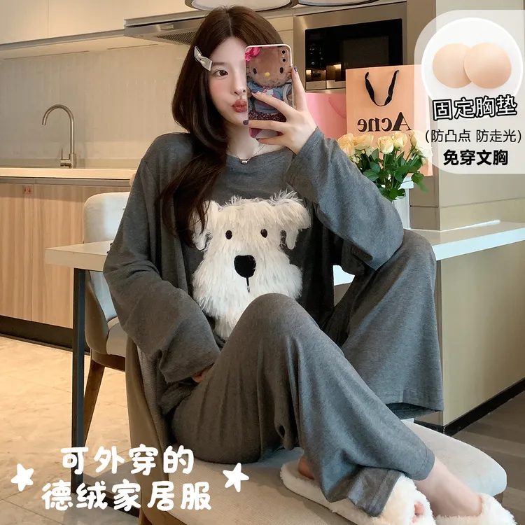 自带胸垫一体式睡衣女款长袖防凸点卡通德绒套装家居服新款秋冬季