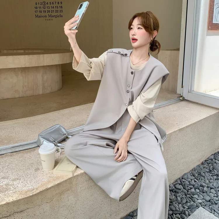 气质慵懒风高级感显瘦套装女秋季新款时尚马甲打底阔腿裤三件套
