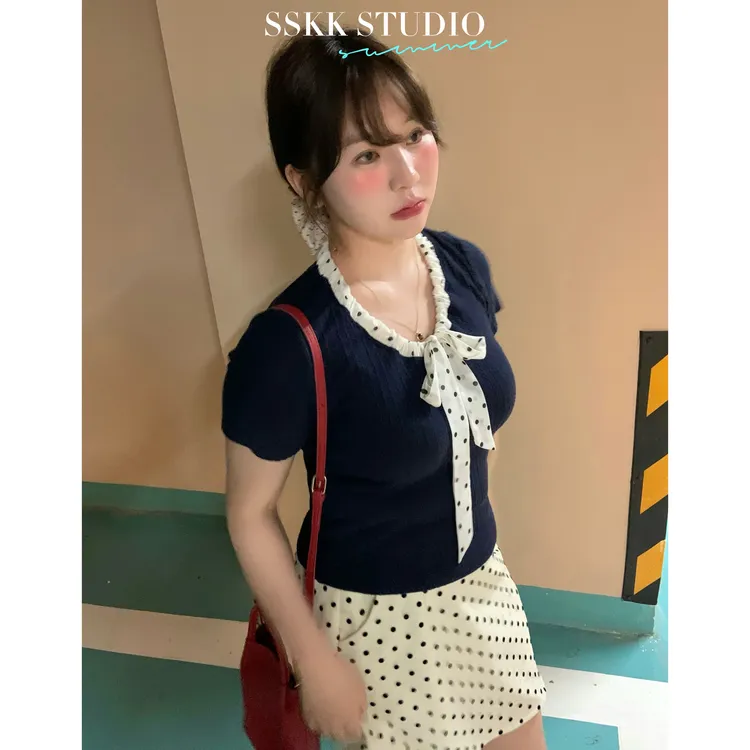 KMZY/KMZY山_山【知性欧尼】微胖mm韩系贵气千金设计感波点拼接上衣