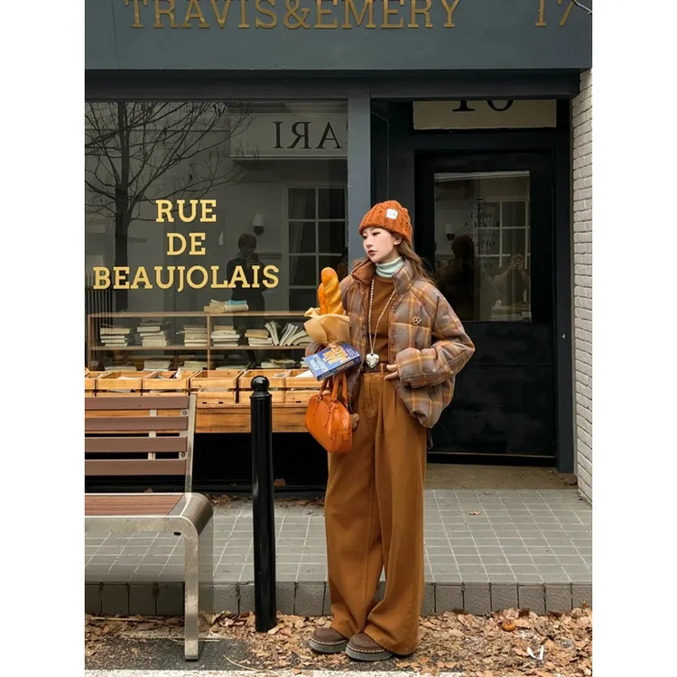 3932高级感复古格纹保暖立领棉服外套女