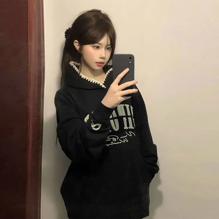 美式高街设计感字母贴布绣连帽卫衣女秋冬季加绒加厚宽松外套上衣