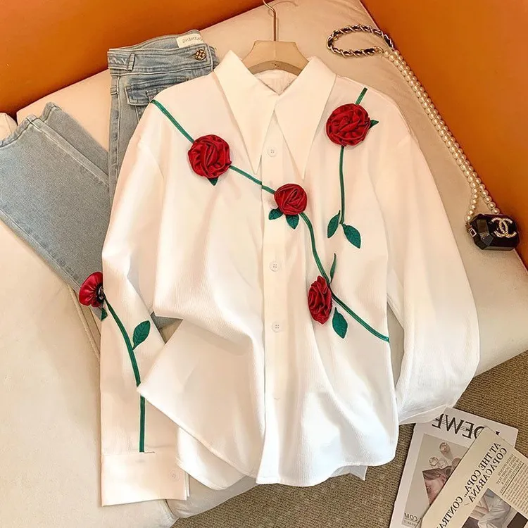 高级感小众立体玫瑰白色衬衫女装秋季韩系时髦薄款宽松别致上衣潮