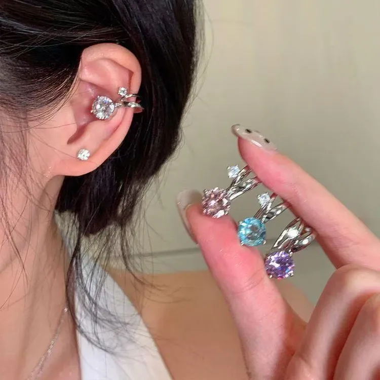 合金耳饰 爆闪锆石线条感耳夹气质高级感轻奢无耳洞耳饰