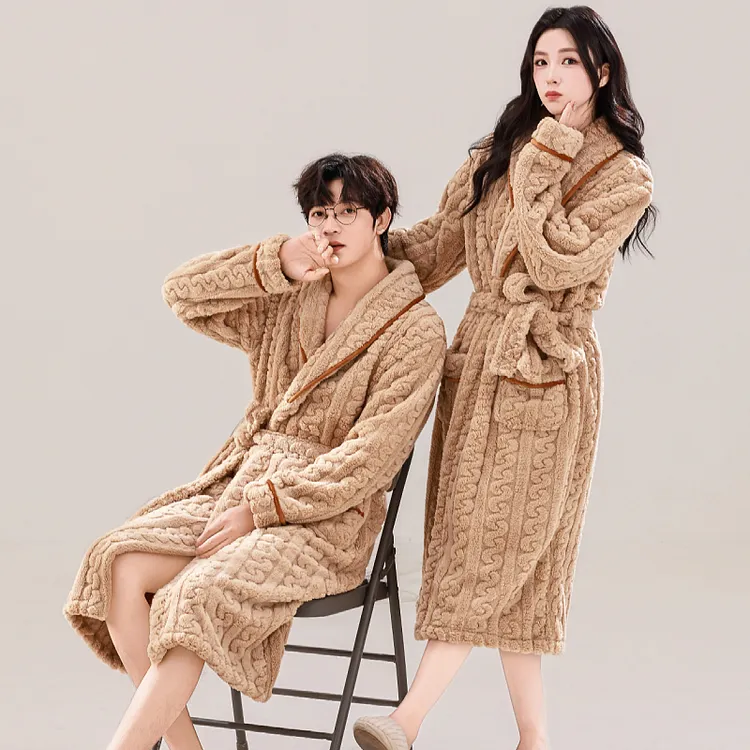 秋冬季加绒纯色浴袍长袖大码长款冬季女士加厚保暖法兰绒睡衣睡袍