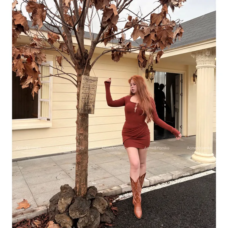 枫间细语 纯欲辣妹修身设计美式复古秋季休闲显瘦方领连衣裙G298