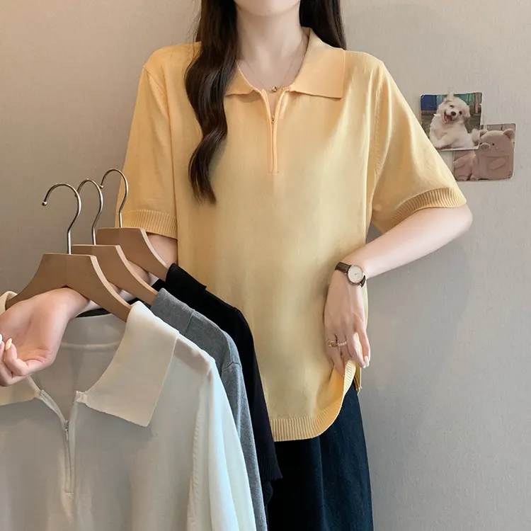 大码女装2025夏装新款宽松拉链针织上衣胖mm百搭冰丝短袖T恤4055
