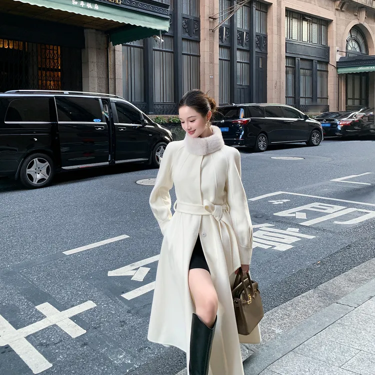高级感千金双面羊绒大衣女2025新款冬季修身气质水貂毛领毛呢外套