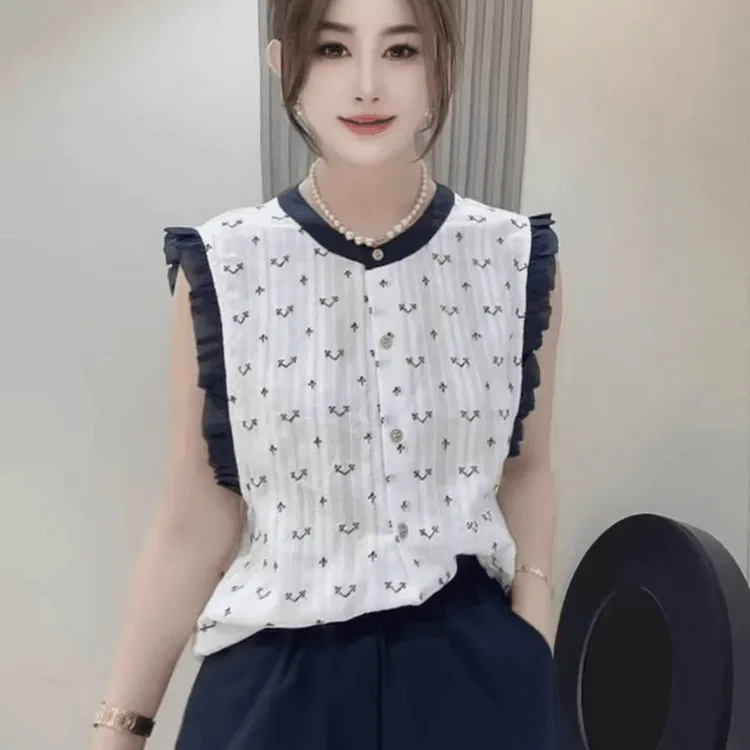 韩系高级感纯棉圆领木耳边无袖衬衫女夏季甜美减龄设计感背心上衣