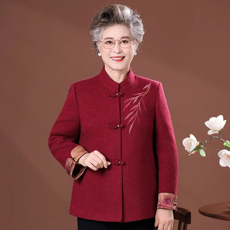 中老年妈妈秋冬季呢子国风喜婆婆毛呢外套女老人奶奶太太秋装衣服
