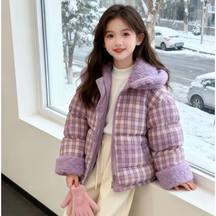女童加厚格子棉服冬季2025新款儿童连帽棉衣韩版女孩加绒外套洋气