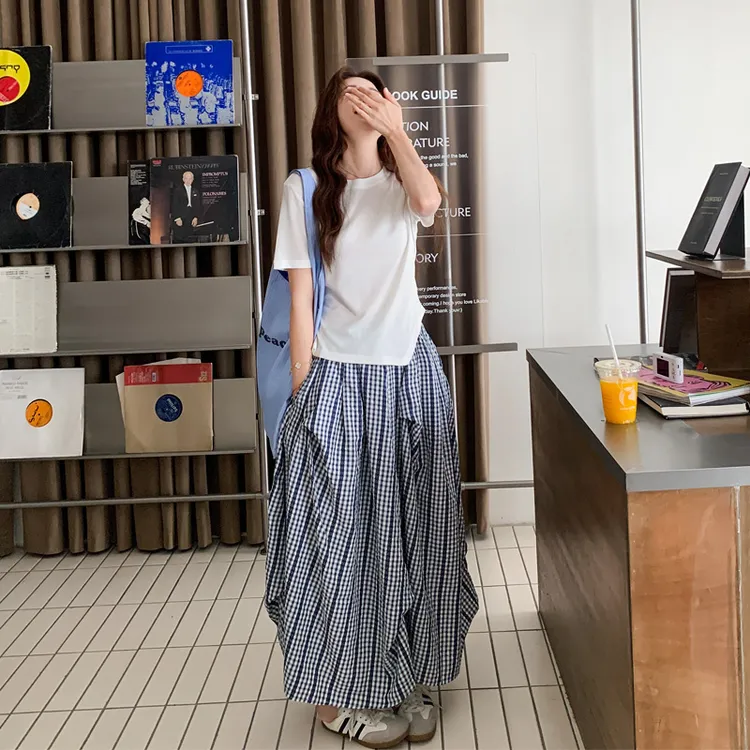 不规则T恤格子半身裙套装2025女夏新款松弛感韩系极简风两件套潮
