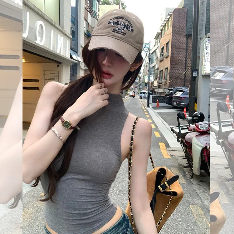 辣妹半高领修身挂脖背心女夏季性感露背打底衫遮副乳无袖外穿上衣
