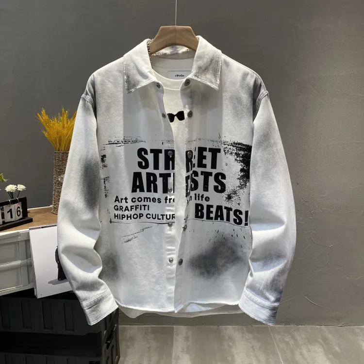 潮牌日系高街字母印花宽松长袖衬衫外套男春秋季做旧拼色扎染夹克