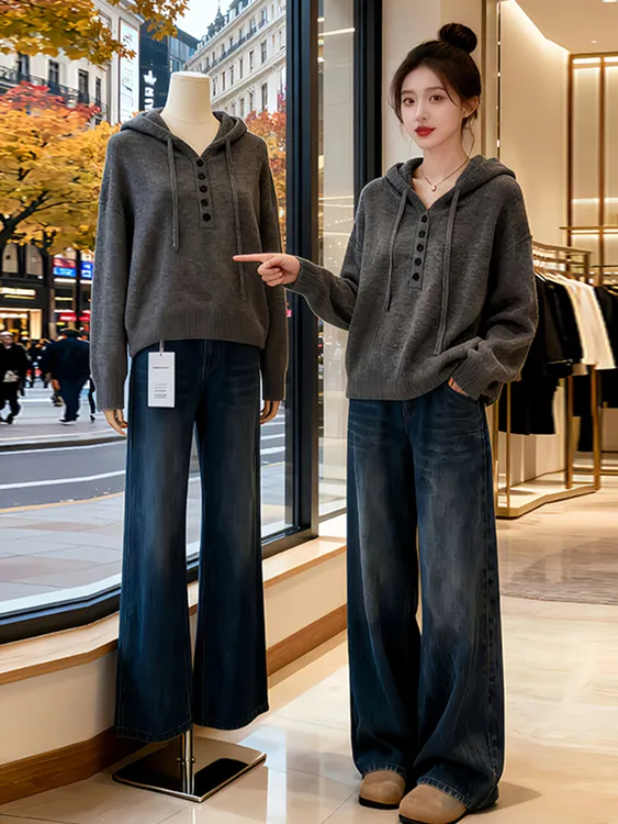 连帽通勤纯色套头针织衫好看独特2025秋冬百搭长袖上衣毛衣显瘦女