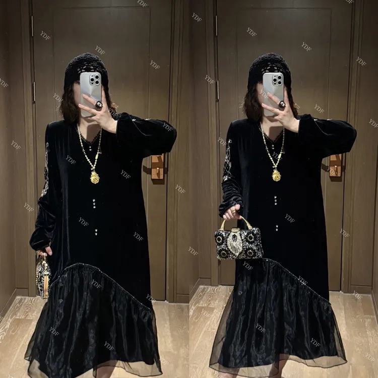 YDFSTUDIO小众【米兰女主】欧货早秋重工珠珠丝绒拼接设计V领连衣裙