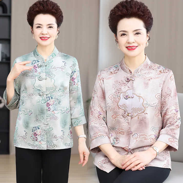 中老年女装夏装洋气中袖衬衫薄款中年妈妈装春装老年人奶奶装衬衣