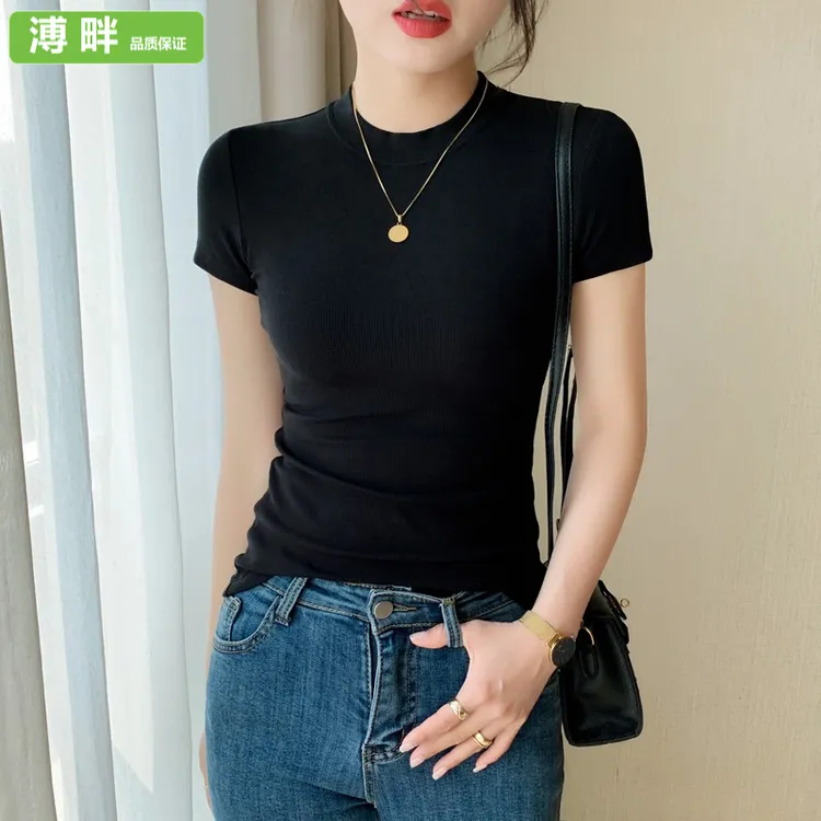 溥畔韩系韩式螺纹半高领短袖T恤女夏季2025年新款紧身洋气中领上