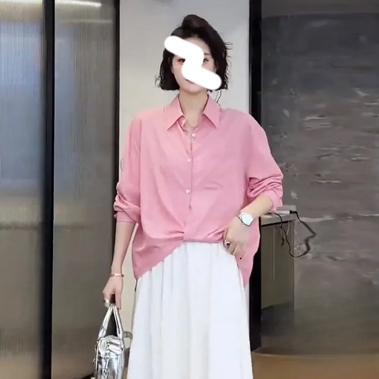韩系粉色设计感口袋单排扣衬衫女士春季宽松百搭显瘦衬衣气质上衣