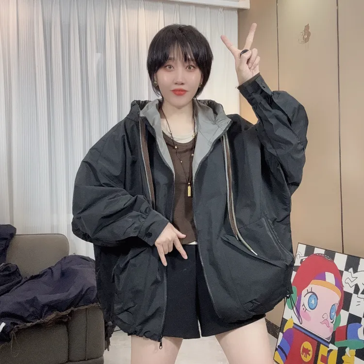 2025欧货新款连帽拼接撞色风衣外套女秋季短款韩版慵懒风冲锋衣潮