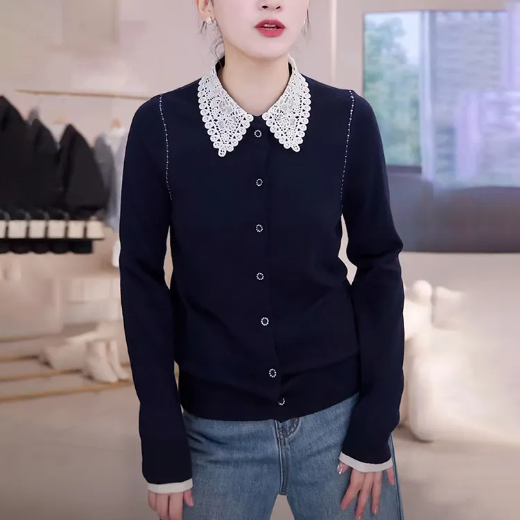 秋冬女毛衣开衫外套高级感慵懒减龄蕾丝撞色假两件打底针织上衣