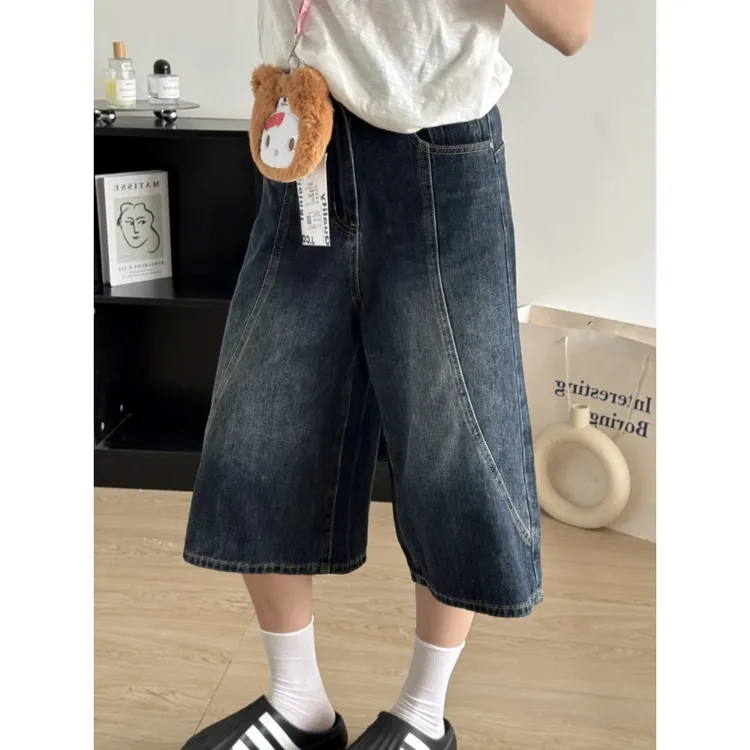 美式复古蓝设计感廓形牛仔裤女2025夏季高腰显瘦垂感七分阔腿裤子
