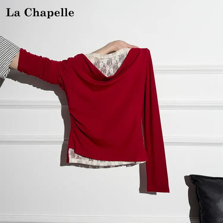 拉夏贝尔荡领磨毛一字肩长袖T恤女秋季蕾丝拼接假两件不规则上衣