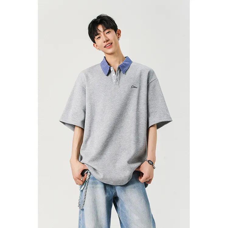 美式衬衫领Polo短袖男2025春夏新款潮流拼接t恤宽松休闲半袖上衣