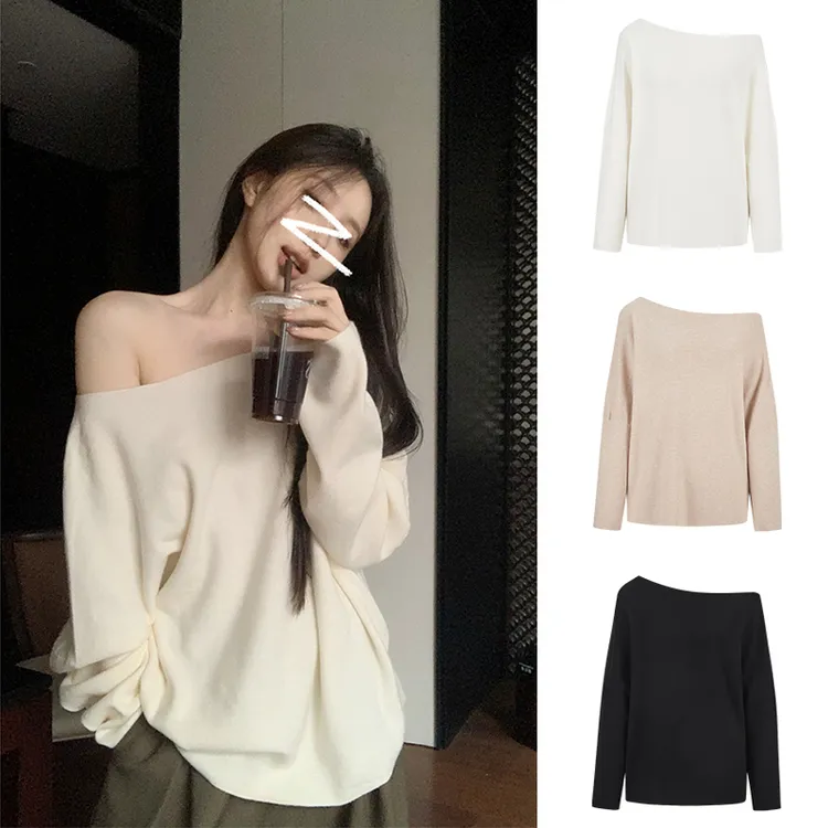 Moses Queen/魔西女王复古斜肩毛衣针织衫慵懒风气质露肩上衣