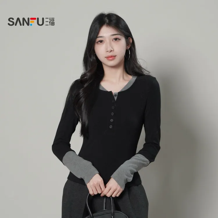 三福 冬季复古咖色短款女T恤圆领街头风V领休闲打底518274