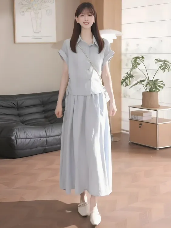 夏日ootd穿搭一整套法式温柔风翻领衬衫高腰时尚半身裙两件套装女