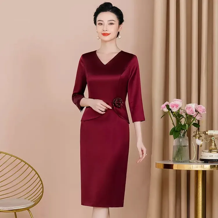 高档醋酸礼服裙中小个喜妈妈遮肚显瘦假二件喜婆婆婚宴连衣裙Z