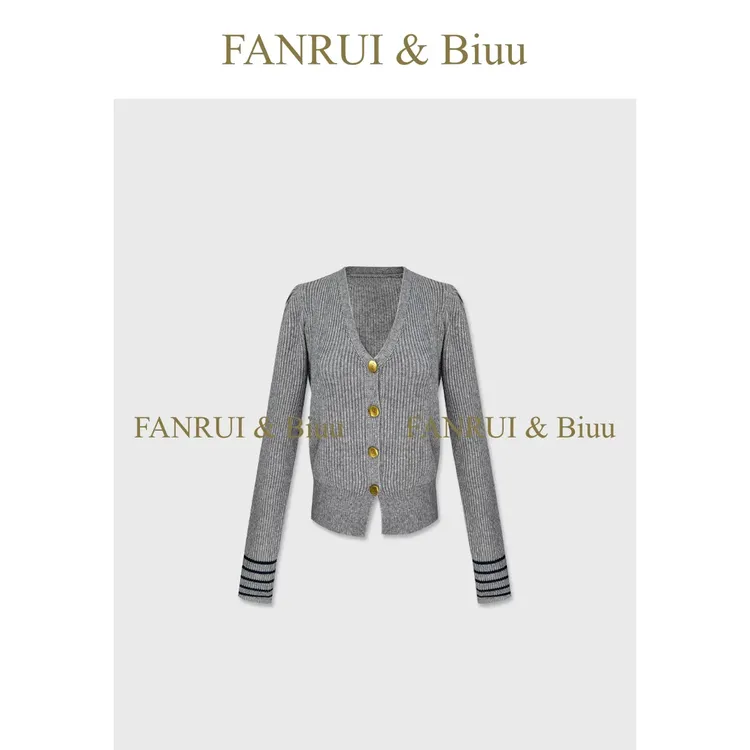 FANRUI/泛芮「贝贝biuu」羊毛坑条纹时尚减龄气质百搭开衫女B18802