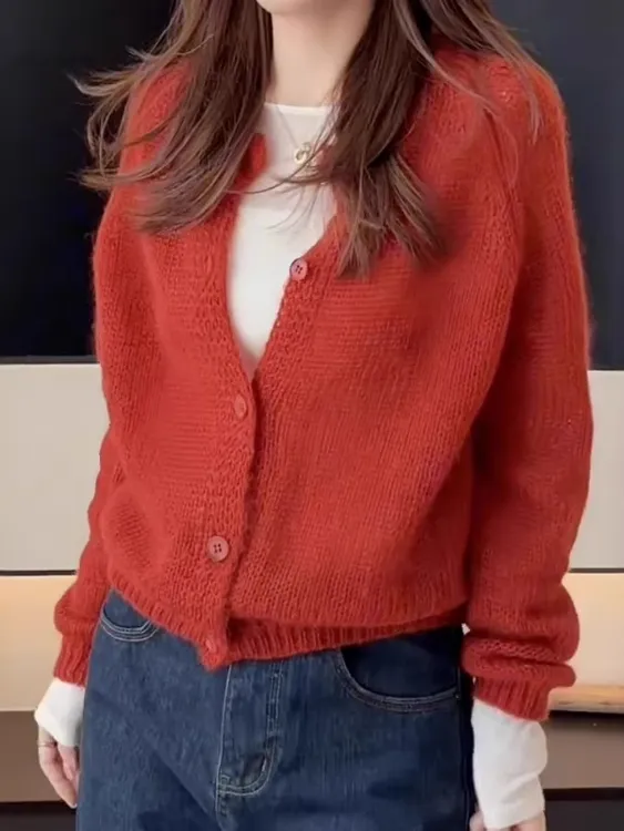 大码女装红色显白长袖针织开衫外套秋季新款胖mm宽松显瘦打底上衣