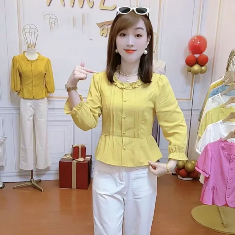 法式收腰衬衫木耳花边圆领早秋2025新款遮肚显瘦短款减龄洋气衬衣