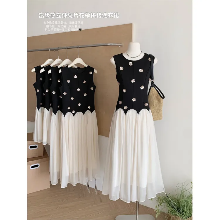 小众设计感立体花拼接纱裙连衣裙系千金无袖背心裙礼裙时尚泡泡袖